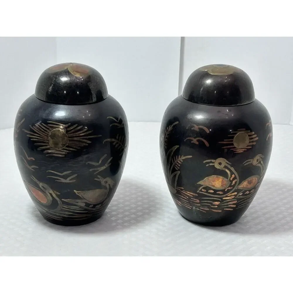 2 Vintage Tricolor Brass Swan Ginger Jar Urn Metal Lake Scene Asian Sunset India